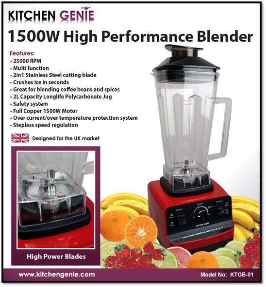 Branded Housewares Kitchen Genie 1500W High Performance Blender New