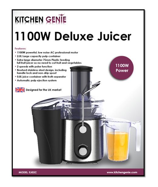 Kitchen Genie Power Juicer 1100W  2 Litre Pulp Container – New Stock