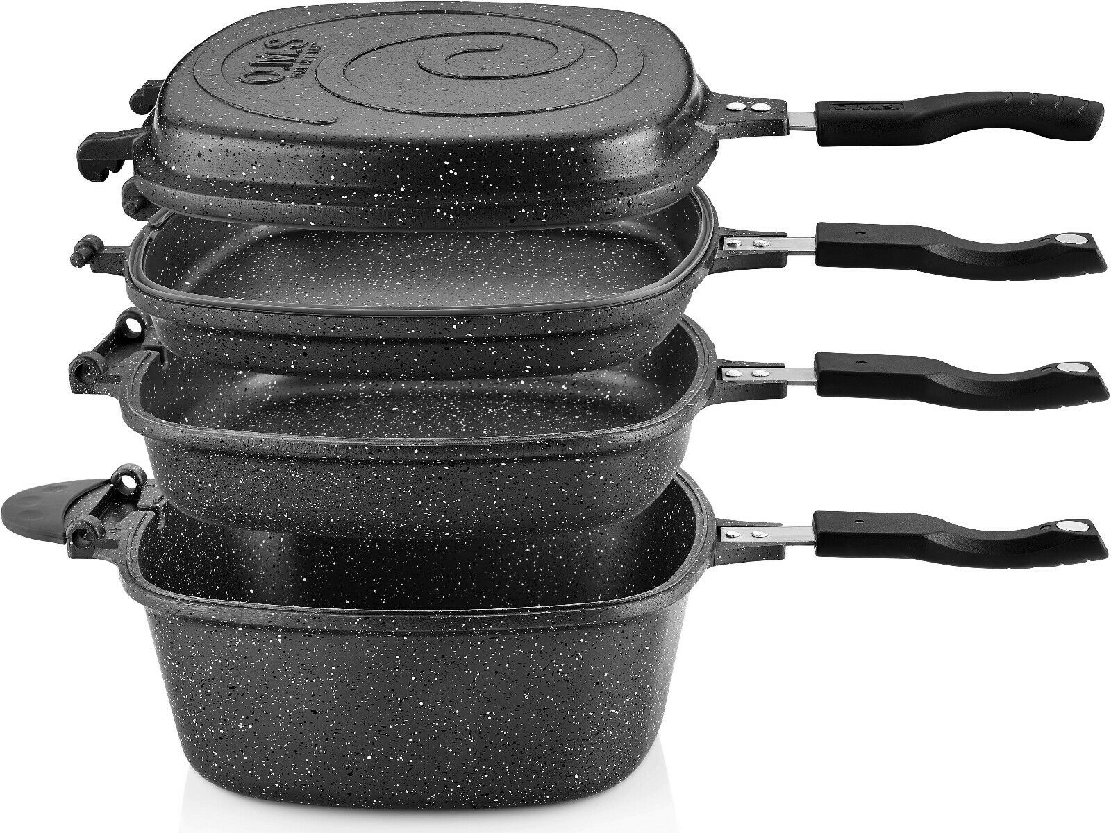 O.M.S. 7 Pc Granite Multi Cooker Cookware Pan Set Grill Deep Fry S/Steel Black