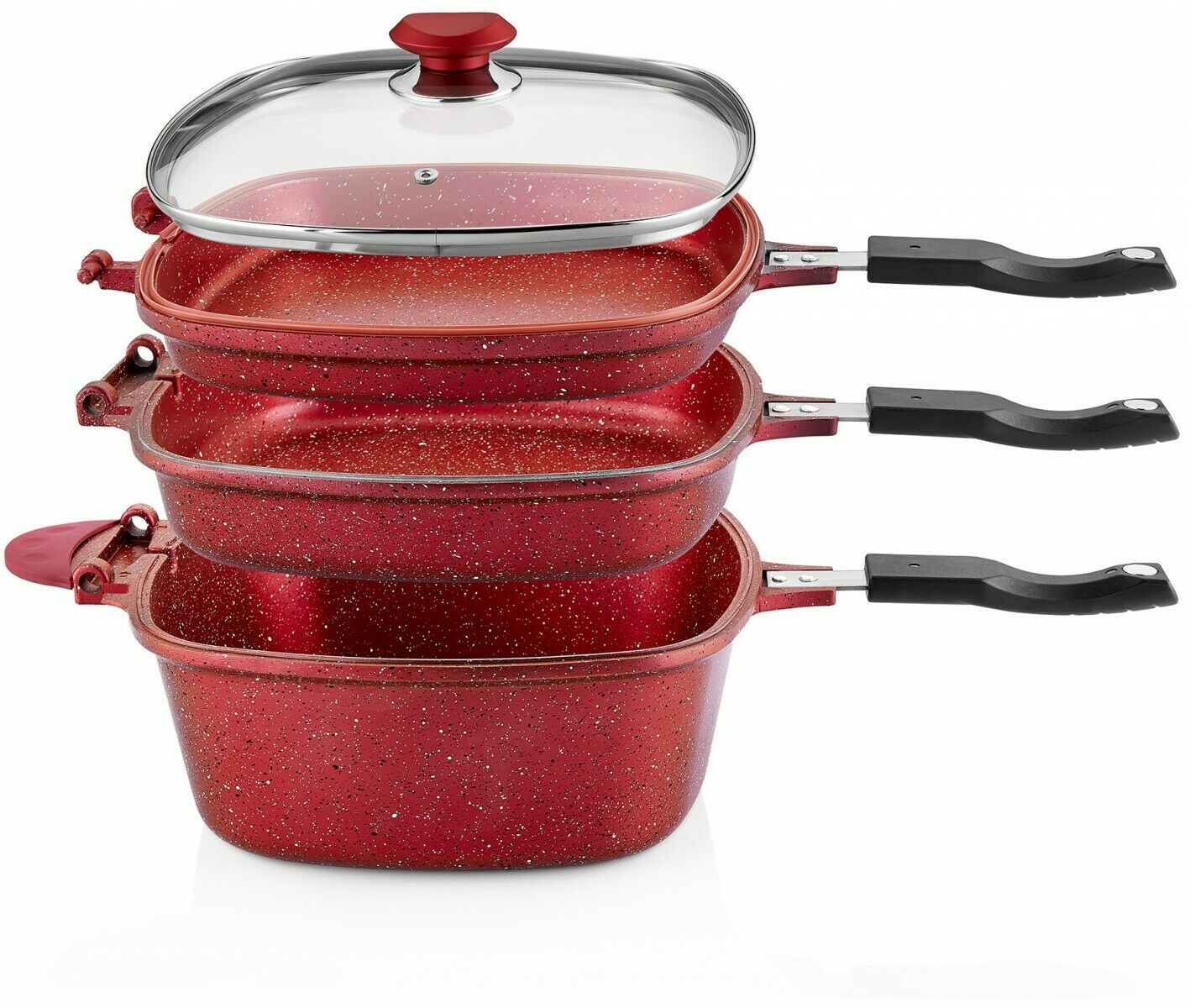 O.M.S. 7 Pc Granite Multi Cooker Cookware Pan Set Grill Deep Fry S/Steel Red