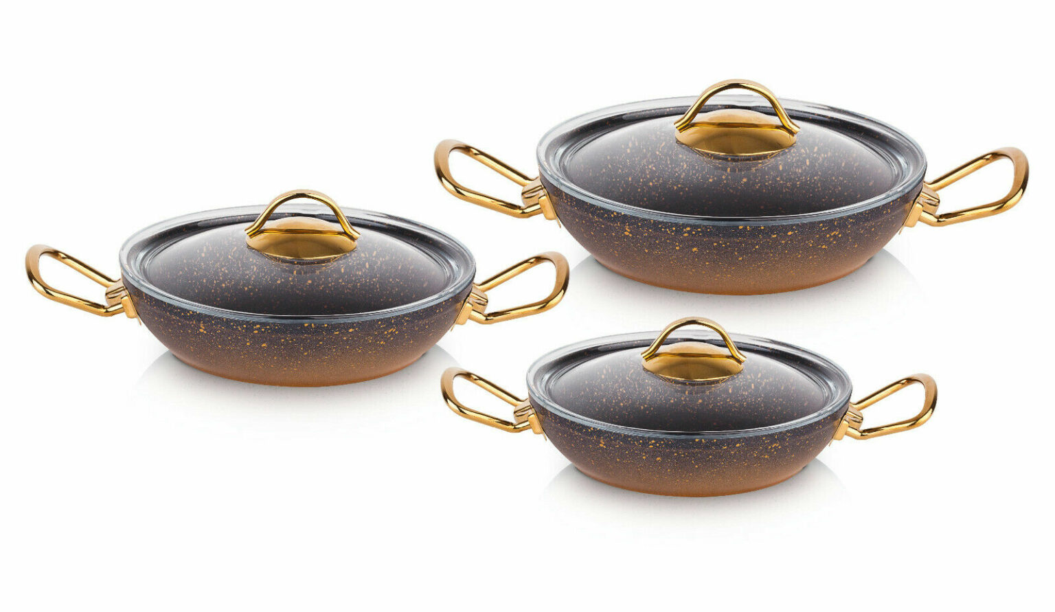 O.M.S. Granite 6 Piece Copper Egg Frying Pan Pot Set With Glass Lids NonStick Branded Housewares