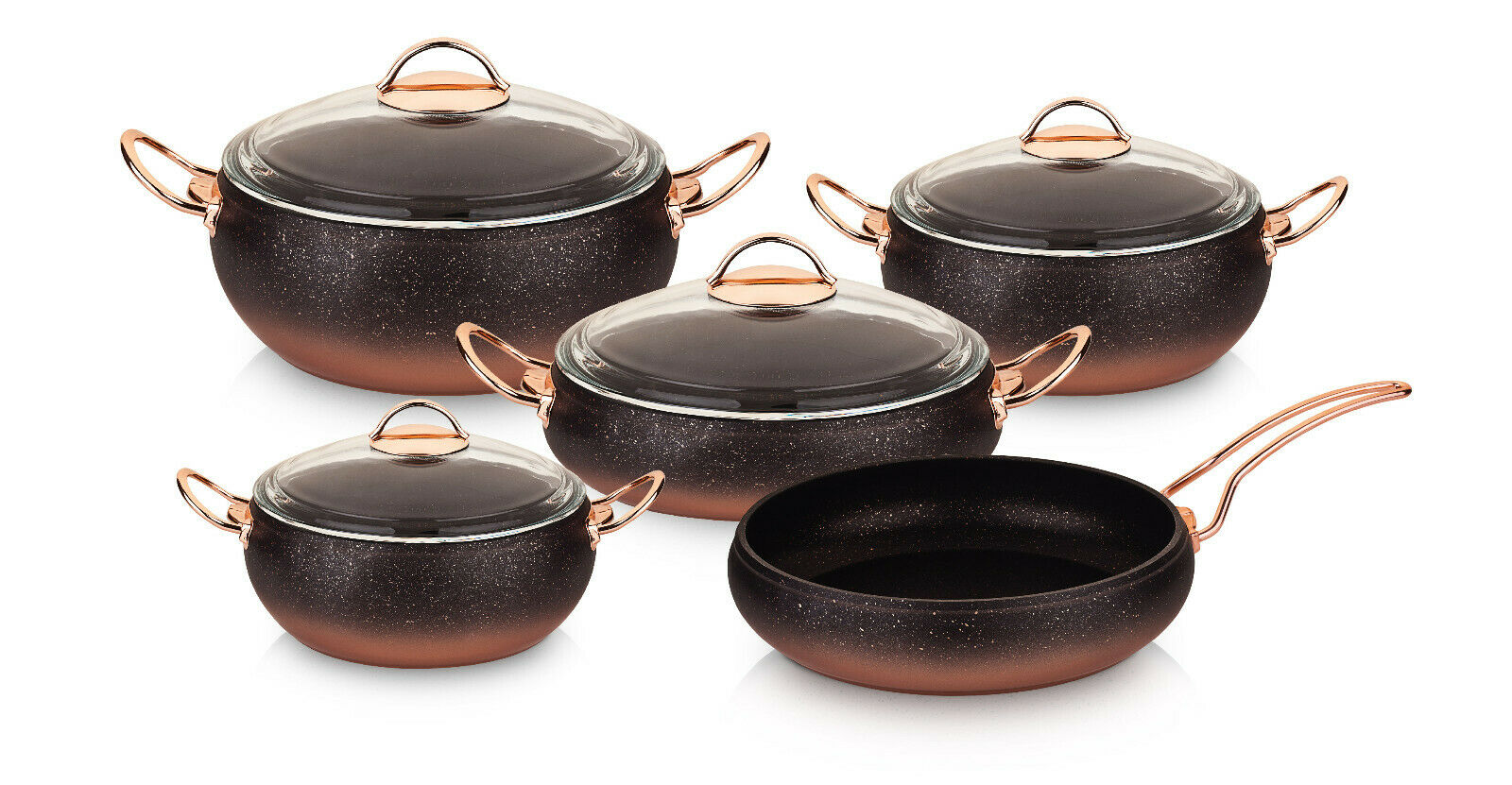 O.M.S. Granite Copper 9 Piece Cookware Set With Glass Lids Casserole Pan Pot