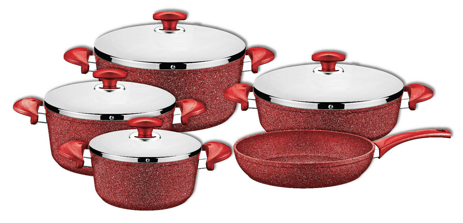 O.M.S. Granite Professional Cookware Set Casserole Pot Frying Pan S/Steel Red