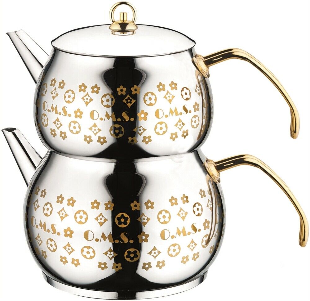 O.M.S. Twin Coffee Teapot Tea Pot Set Stove Top Kettle 18/10 S/Steel 1.7 & 3 Litre