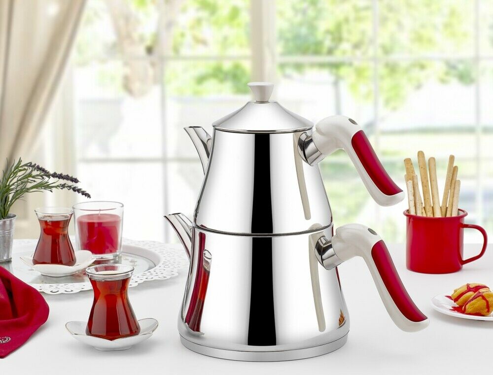 O.M.S. Twin Coffee Teapot Tea Pot Set Stove Top Kettle 18/10 S/Steel 1.4 & 2.8 Litre