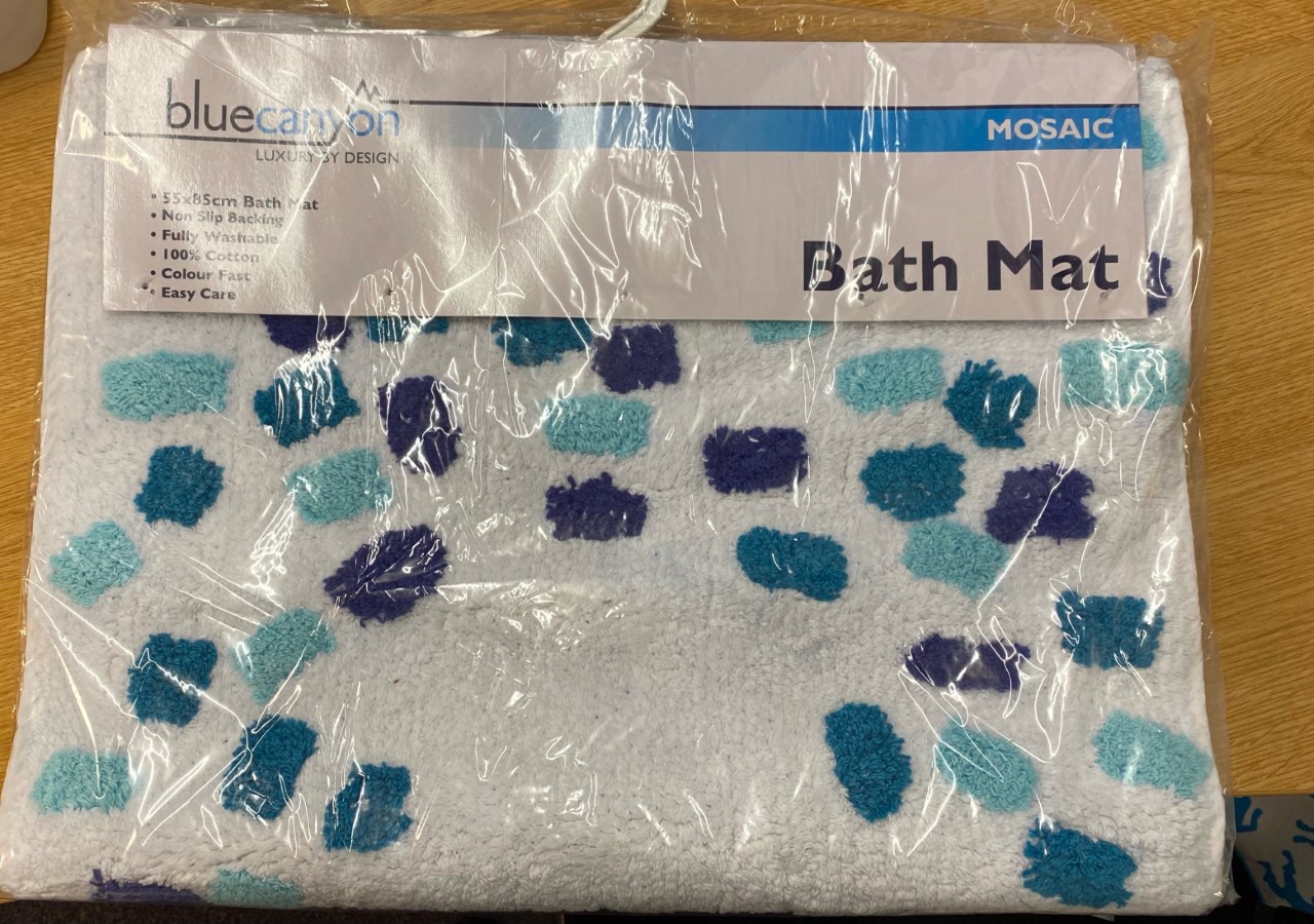 NEW STOCK- Bath Mat, White & Blue- Wholesale Only